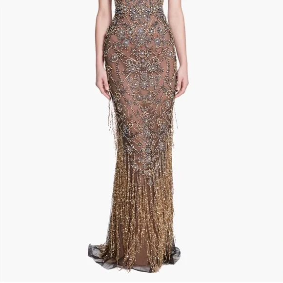 Marchesa Couture Icons Crystal Threadwork Gown Nude Beaded Evening Dress US 2 - Picture 10 of 15